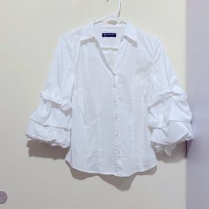 INC International Concepts White Button-Down Shirt with Ruffle Sleeve Detail